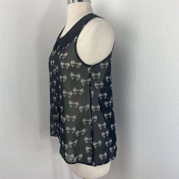 Glam Doll Black Sheer Blouse Med Bow Print Peter Pan Collar Whimsy Goth Siren - Picture 5 of 12